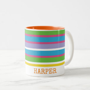 Modern Colourful Stripe NAME Preppy Fun Hip Two-Tone Coffee Mug