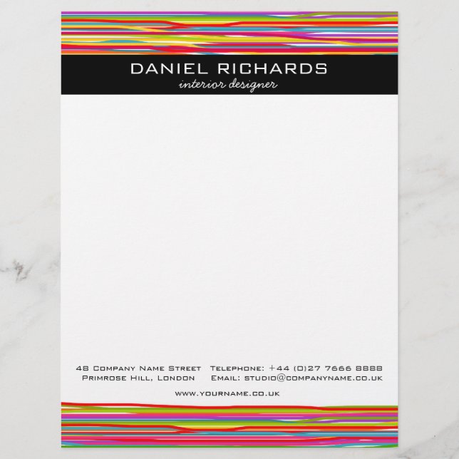 Modern Colourful Stripes Vibrant Interior Designer Personalized Letterhead (Front)