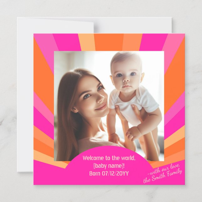 Modern Colourful Sunburst, Baby Photo Announcement (Front)