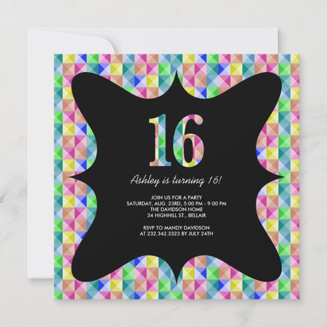 Modern Colourful Sweet 16 Invitations (Front)