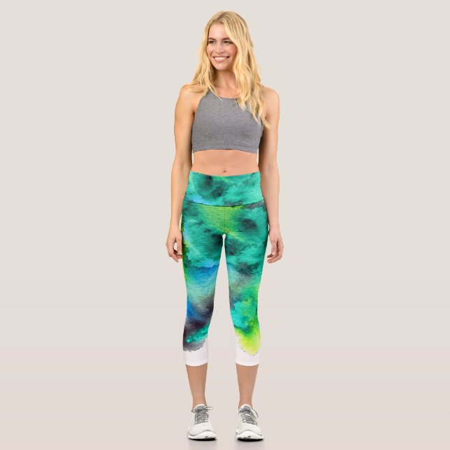 Modern colourful tie dye blue green colourful funk capri leggings (Front)