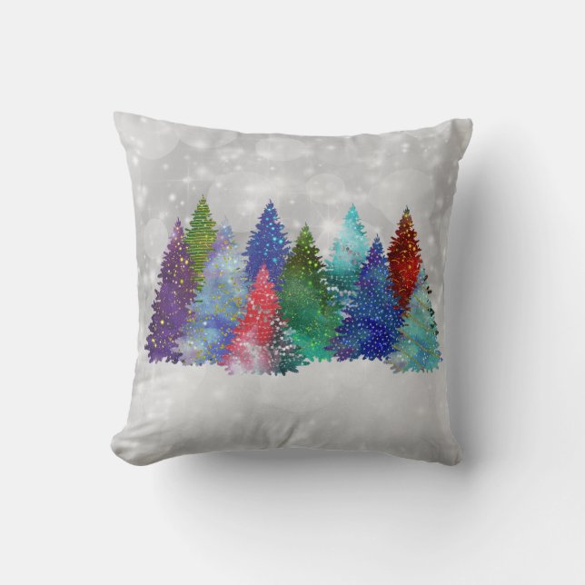 Modern Colourful Trees Watercolor Christmas Cushion (Front)