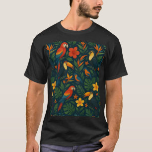 Modern Colourful Tropical Birds with Flowers T-Shirt