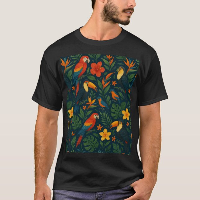 Modern Colourful Tropical Birds with Flowers T-Shirt (Front)