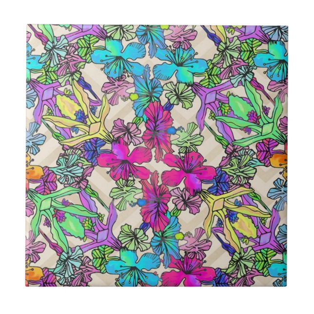 Modern Colourful Tropical Botanical Pattern Tile (Front)