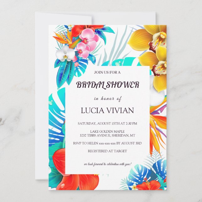 Modern Colourful Tropical White Base Bridal Shower Invitation (Front)