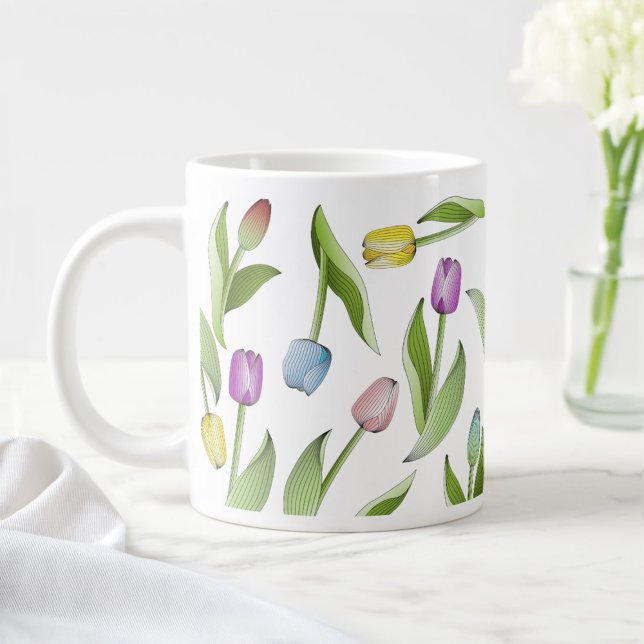 Modern Colourful Tulip Floral Pattern Large Coffee Mug (Creator Uploaded)