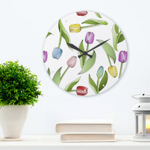 Modern Colourful Tulip Flower Pattern Large Clock