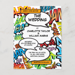 Modern Colourful Typographic Fun Comic Wedding Invitation Postcard