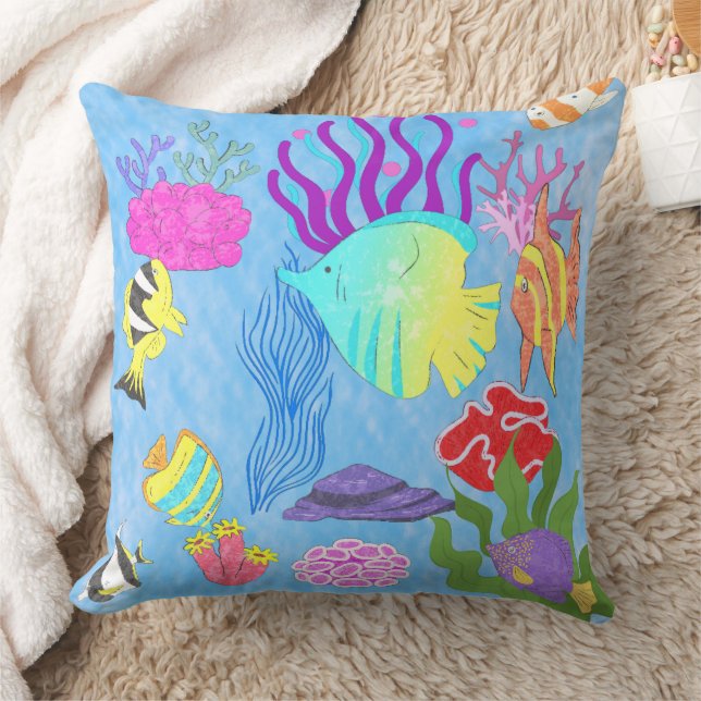 Modern Colourful Underwater Corals Fish Blue Ocean Cushion (Blanket)