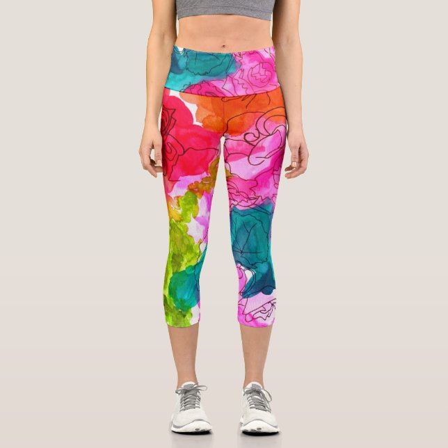 Modern colourful watercolor arty colourful funky a capri leggings (Front)