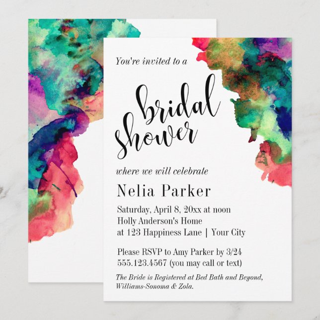 Modern Colourful Watercolor Bridal Shower 1 Invitation (Front/Back)