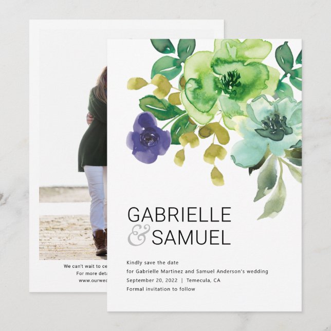 Modern Colourful Watercolor Floral Photo Save The Date (Front/Back)