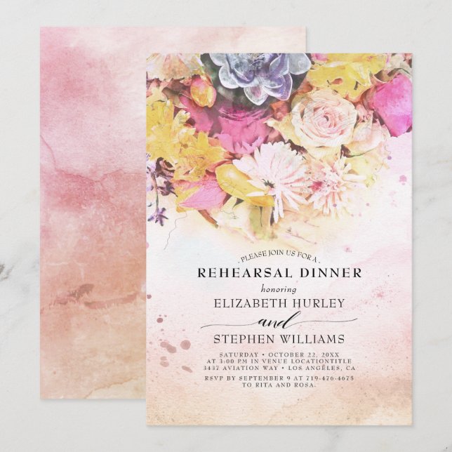 Modern Colourful Watercolor Floral Rehearsal Dinne Invitation (Front/Back)