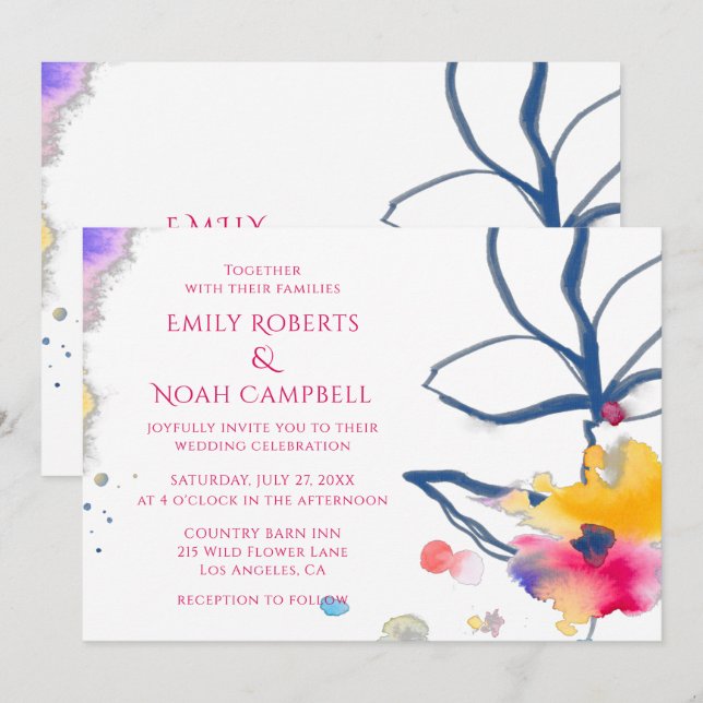 Modern Colourful Watercolor Floral Wedding Invitation (Front/Back)