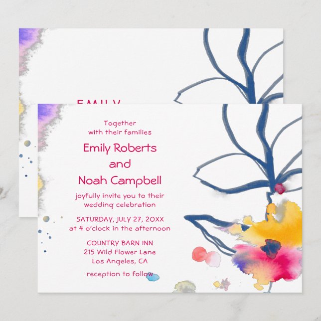 Modern Colourful Watercolor Floral Wedding Invitation (Front/Back)