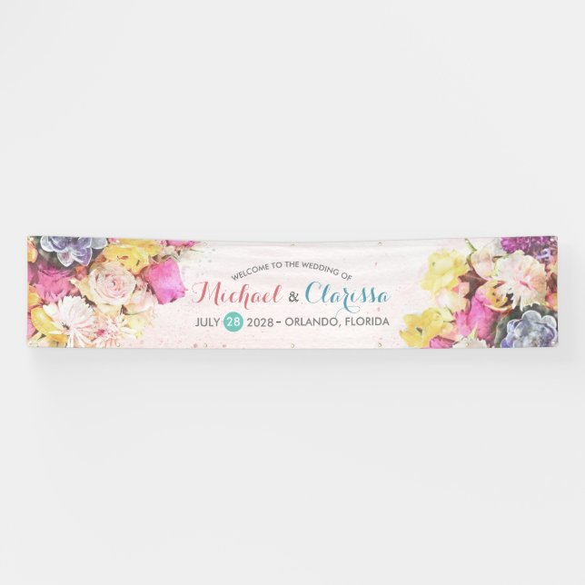 Modern Colourful Watercolor Flowers Wedding Welcom Banner (Horizontal)