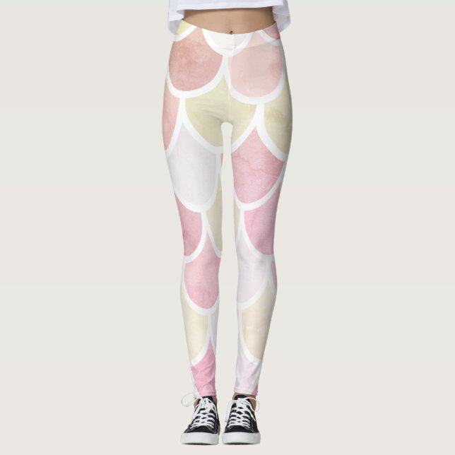 Modern Colourful Watercolor Mermaid Scales Pattern Leggings (Front)