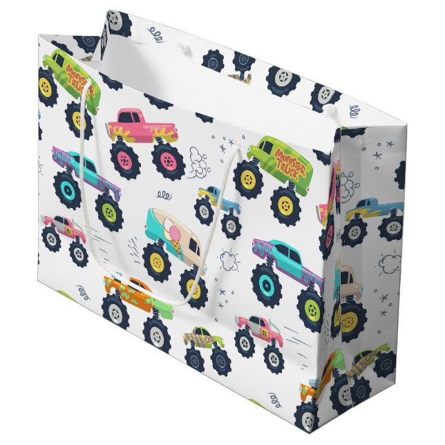 Modern Colourful Watercolor Monster Car Trucks Large Gift Bag (Front Angled)