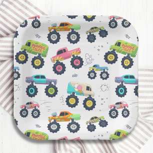 Modern Colourful Watercolor Monster Car Trucks Paper Plate