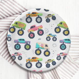 Modern Colourful Watercolor Monster Car Trucks Paper Plate