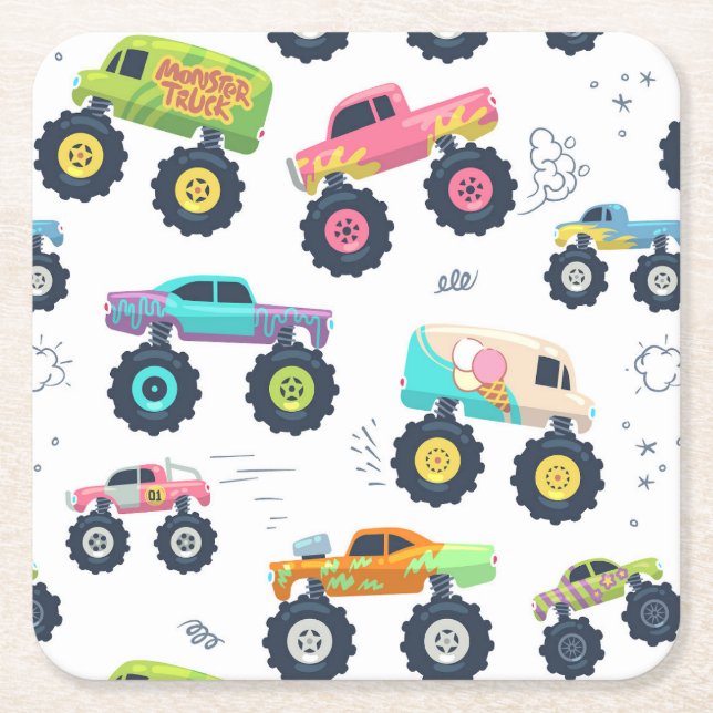 Modern Colourful Watercolor Monster Car Trucks Square Paper Coaster (Front)