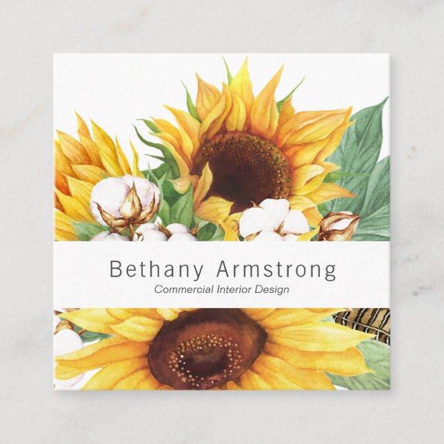 Modern Colourful Watercolor Sunflower Business Car Square Business Card (Front)