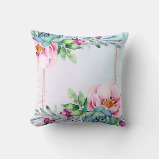 Modern Colourful Watercolors Flowers & Green Cactu Cushion