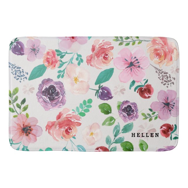 Modern Colourful Watercolors Flowers Pattern Bath Mat (Front)