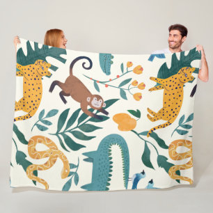 Modern colourful wild animal in the jungle l Blue Fleece Blanket