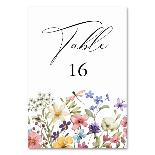Modern Colourful Wildflower Floral Bridal Shower Table Number (Front)