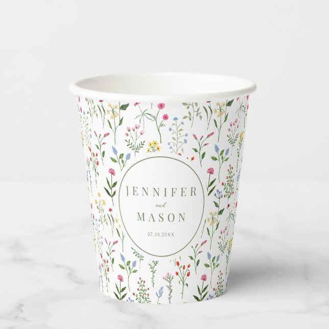 Modern colourful wildflower wedding paper cups (Front)