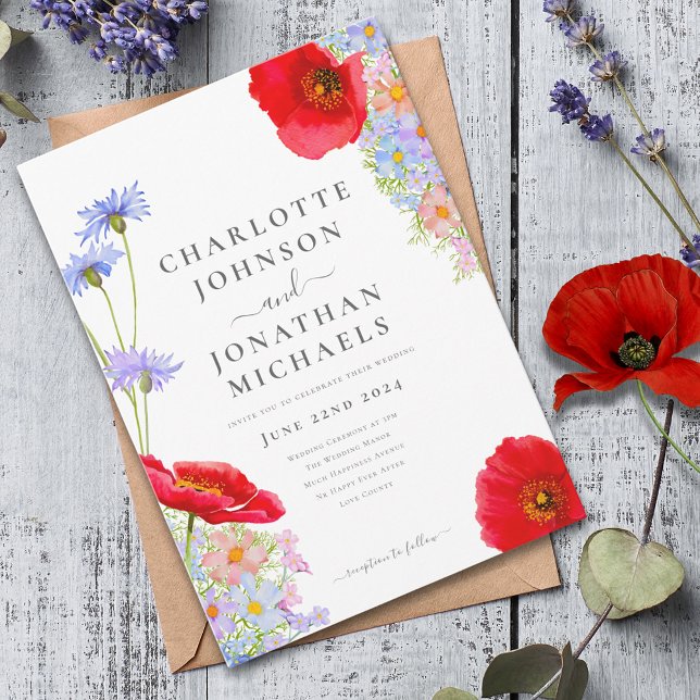 Modern Colourful Wildflowers Wedding Invitation (Modern colorful wildflower wedding invitation with red poppy )