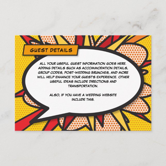 Modern Comic Book Wedding Accommodation Details Enclosure Card (Front)