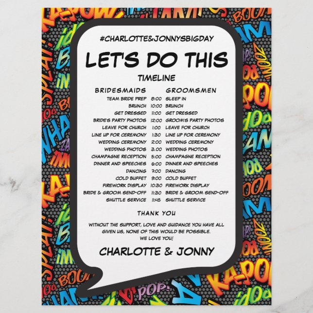 Modern Comic Book Wedding Schedule Timeline (Front)