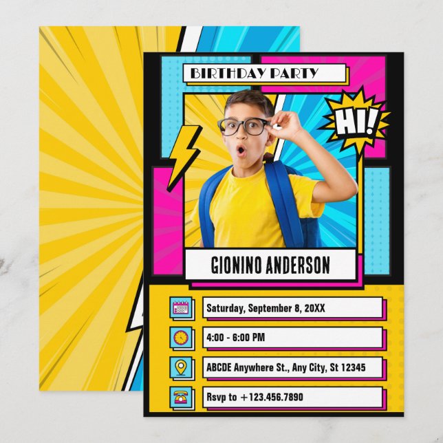 Modern comic cartoon photo birthday invitation (Front/Back)