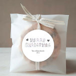 Modern Comic style black and white Merry Christmas Classic Round Sticker<br><div class="desc">Modern black and white Merry Christmas Stickers Gift Tags featuring comic text with hearts . Click the edit/personalise button to customise this design with your text.</div>