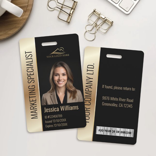 Modern Company Employee Photo Logo Black Gold ID Badge (Creator Uploaded)