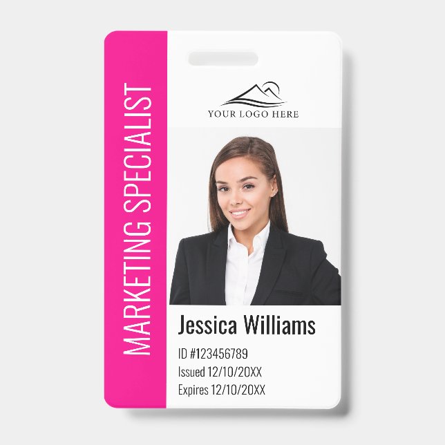 Modern Company Employee Photo Logo Name Pink ID Badge (Front)