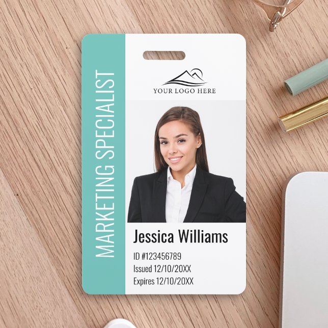 Modern Company Employee Photo Logo Name Teal ID Badge (Creator Uploaded)
