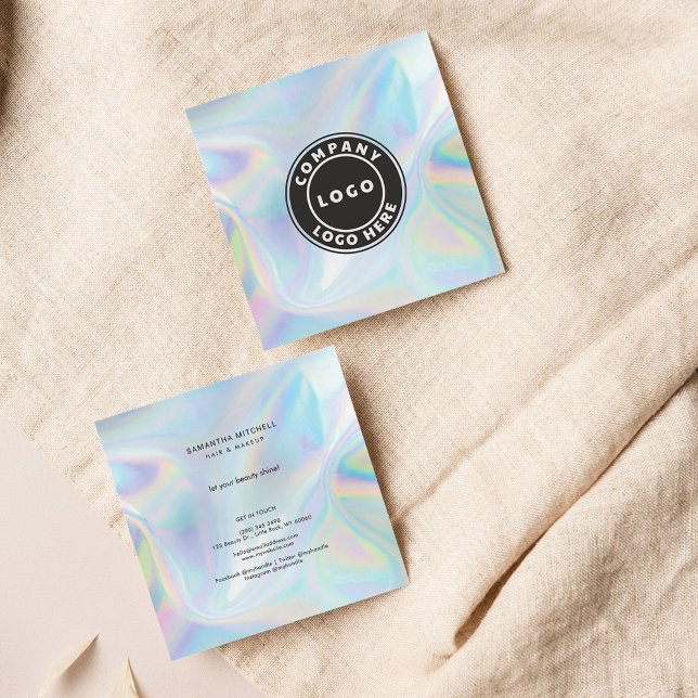 Modern Company Logo Holographic Beautician Makeup Square Business Card (Holographic Company Logo Stylist Square Business Card)