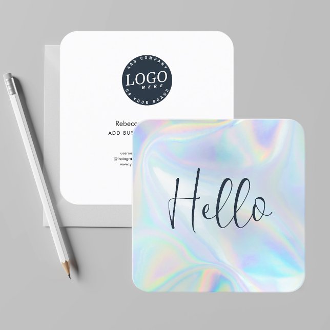 Modern Company Logo Holographic Script Employee Square Business Card (Iridescent Square Rounded Corners Hello Business Card)