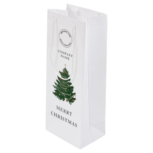 Modern Company Logo Merry Christmas Tree Wine Gift Bag (Front Angled)