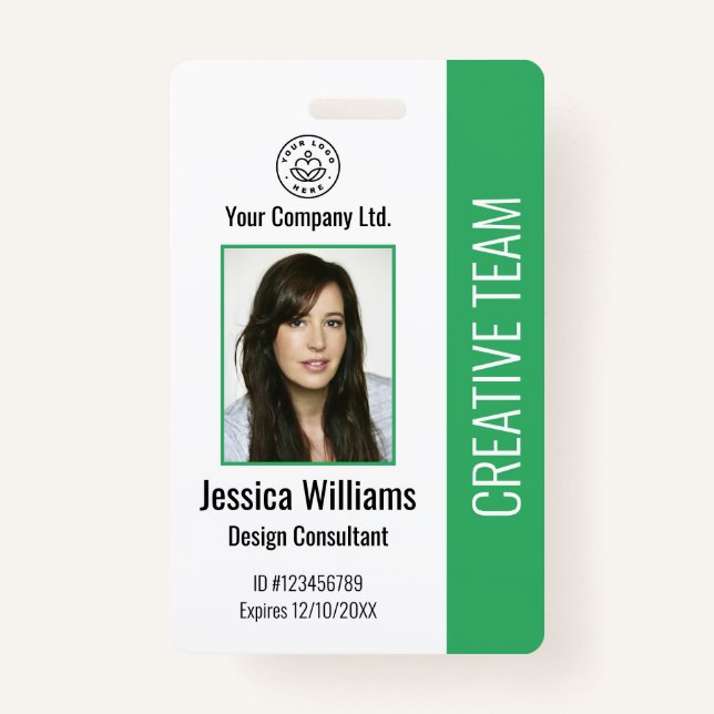 Modern Company Logo Photo Green Employee ID Badge (Front)