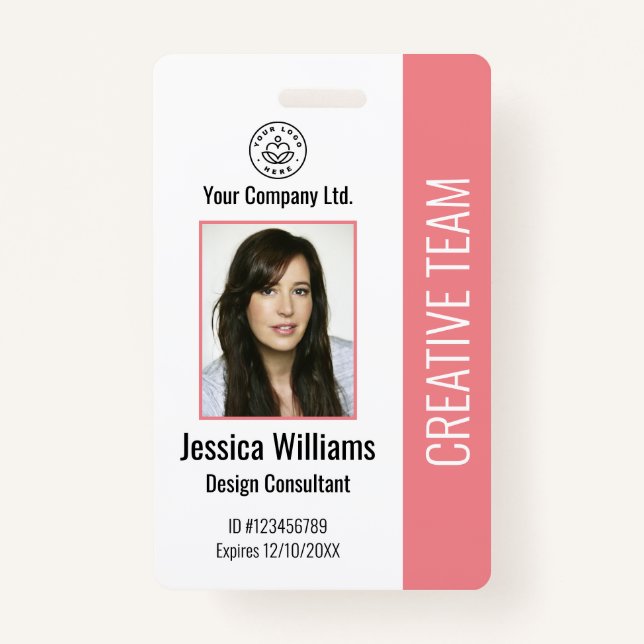 Modern Company Logo Photo Pink Employee ID Badge (Front)