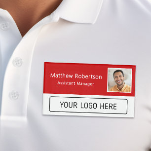 Modern Company Logo Red Employee Photo Name Tag