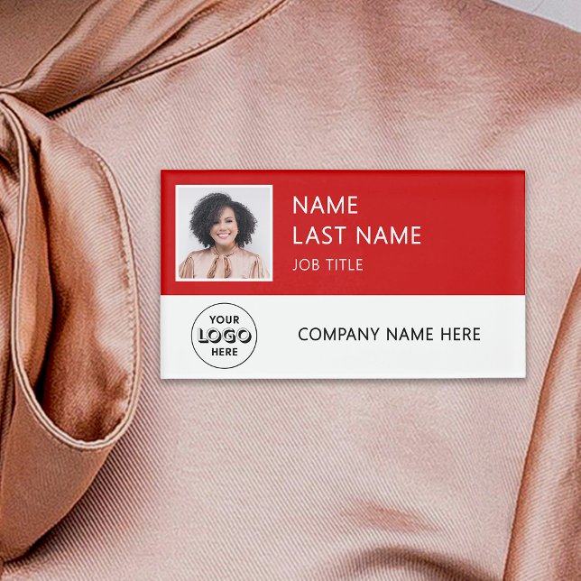 Modern Company Logo Red Employee Photo Name Tag (Creator Uploaded)