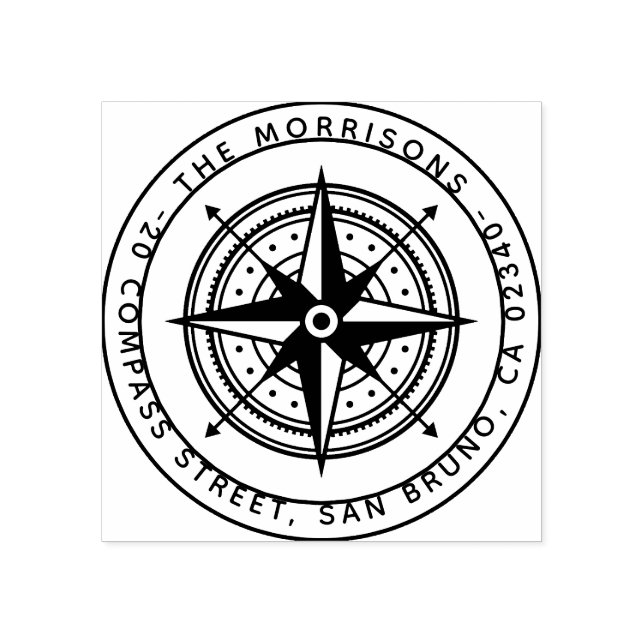 Modern Compass Round Family Name & Return Address Rubber Stamp (Imprint)