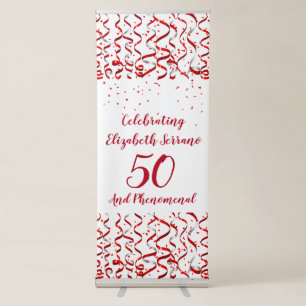 Modern Confetti And Red Ribbon 50th Birthday Retractable Banner
