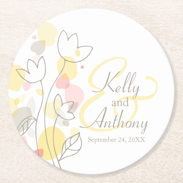 Modern confetti flower name date wedding coasters (Front)